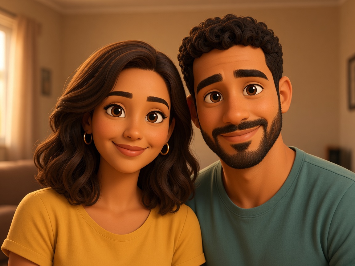 O mesmo casal fictício transformado em personagens de animação 3D